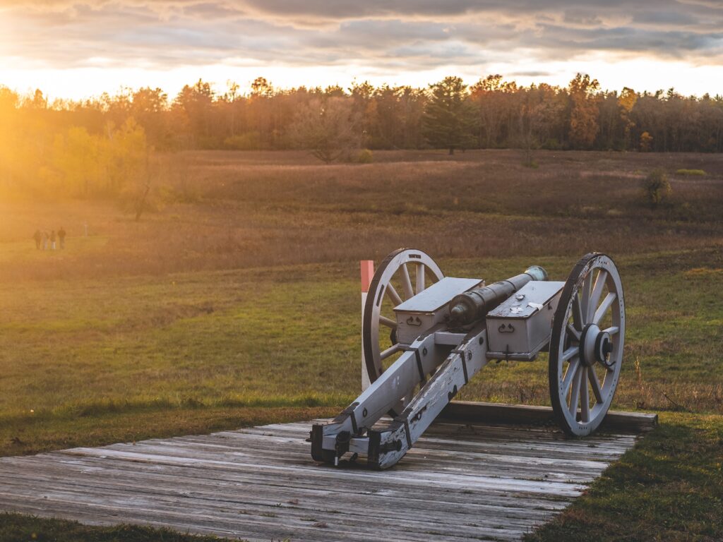 Cannon on a platform overlooking a battlefield