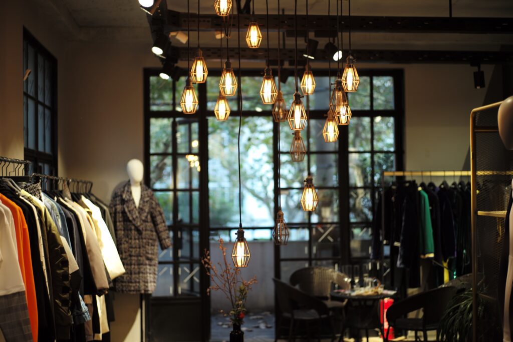 Dimly lit boutique with vintage drop lighting
