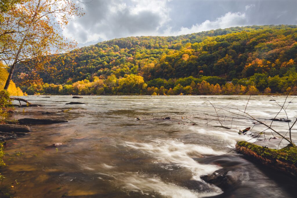 Large river with fall foliage covering a mountain in the background.