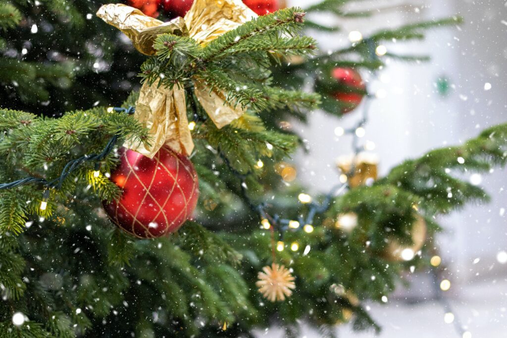 Closeup of a Christmas tree decorated with red ornaments and gold bows.