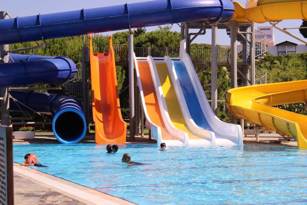Waterpark pool with colorful slides