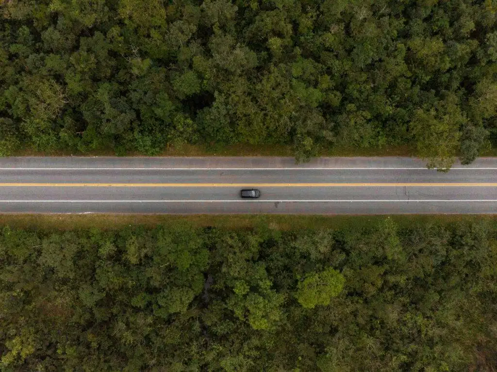 Car on road through forest for the Brambleton commute in Virginia Loudoun County by top Realtors Garrell Group real estate agents