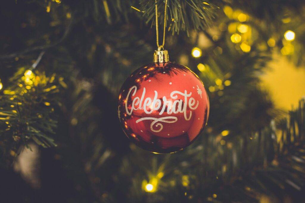 Christmas ornament that says ‘Celebrate’ representing Loudoun County holiday events in 2025