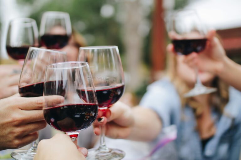 Friends raising wine glasses during a tasting event at a vineyard near Purcellville, Virginia